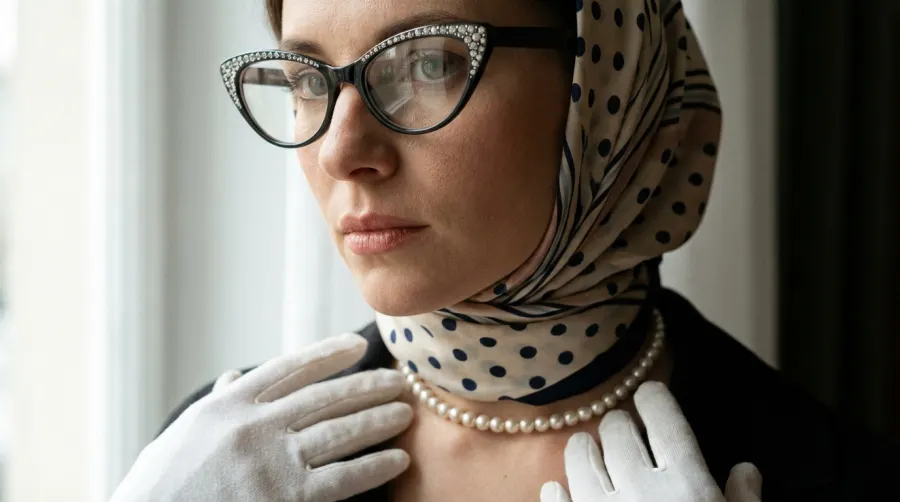 Elegancka kobieta w okularach kocie oczy i perłach