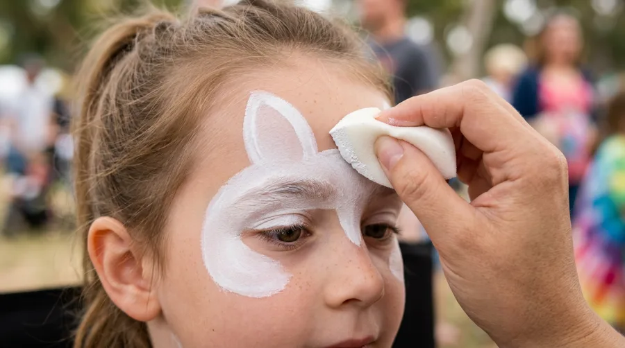 Nakładanie białej bazy makijażu gąbką na twarz dziecka