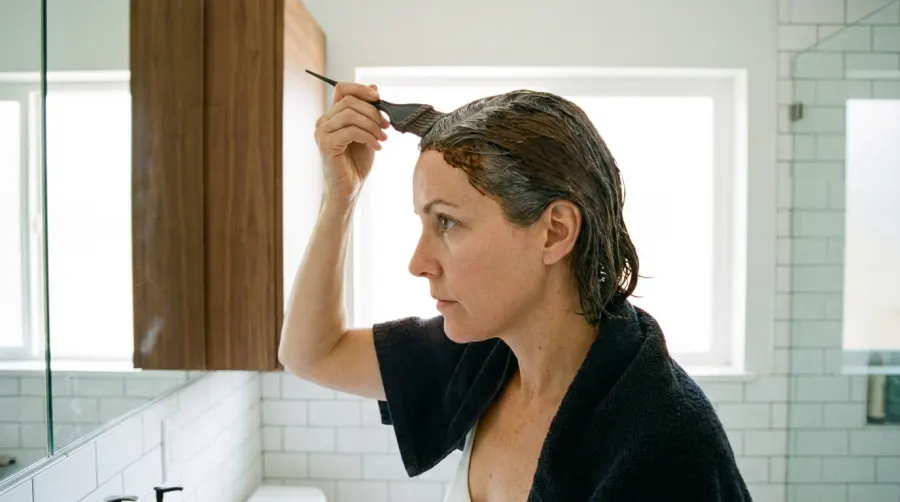 Kobieta nakładająca kawową maskę na siwe odrosty