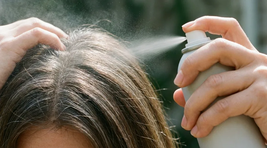 Kobieta rozpylająca suchy szampon u nasady włosów