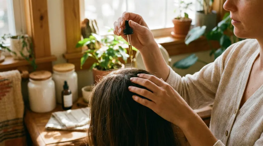 Masaż skóry głowy z użyciem wzmacniającej wcierki do włosów