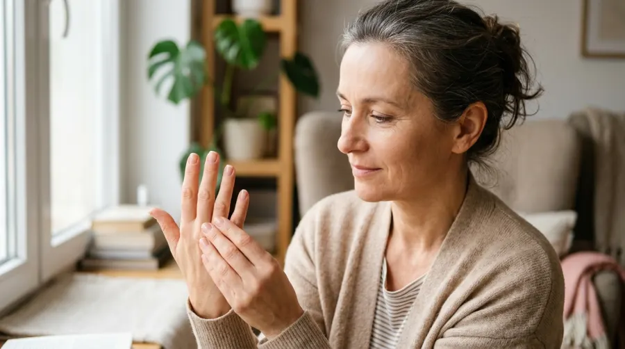 Kobieta uważnie sprawdzająca kondycję i wygląd swoich naturalnych paznokci