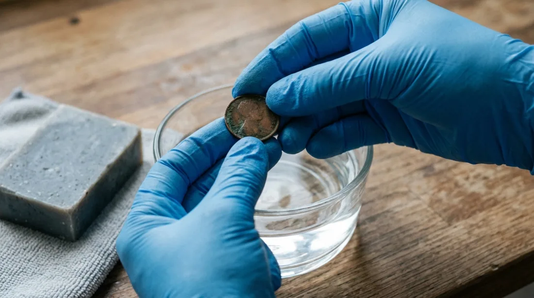 Bezpieczne mycie starej monety w wodzie destylowanej