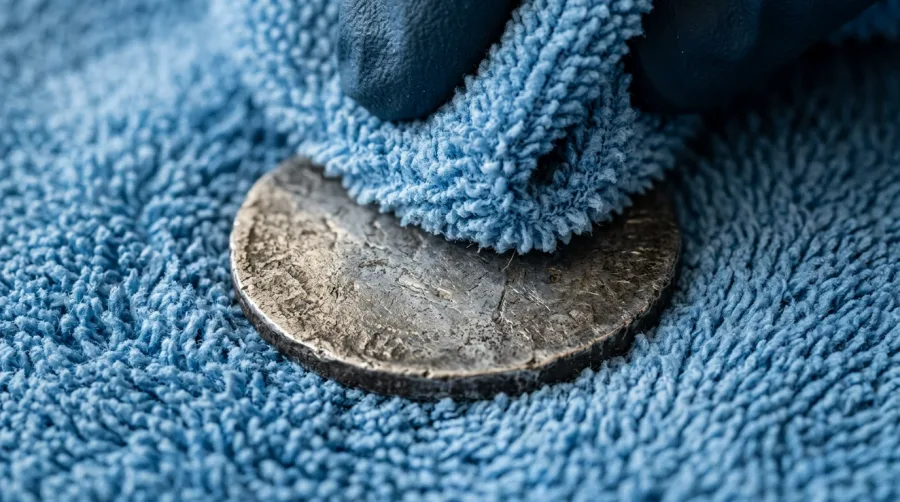 Osuszanie umytej monety za pomocą miękkiej ściereczki z mikrofibry