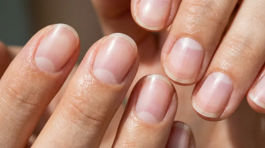 Zbliżenie na zadbane paznokcie z wyraźnie widocznymi białymi obłączkami