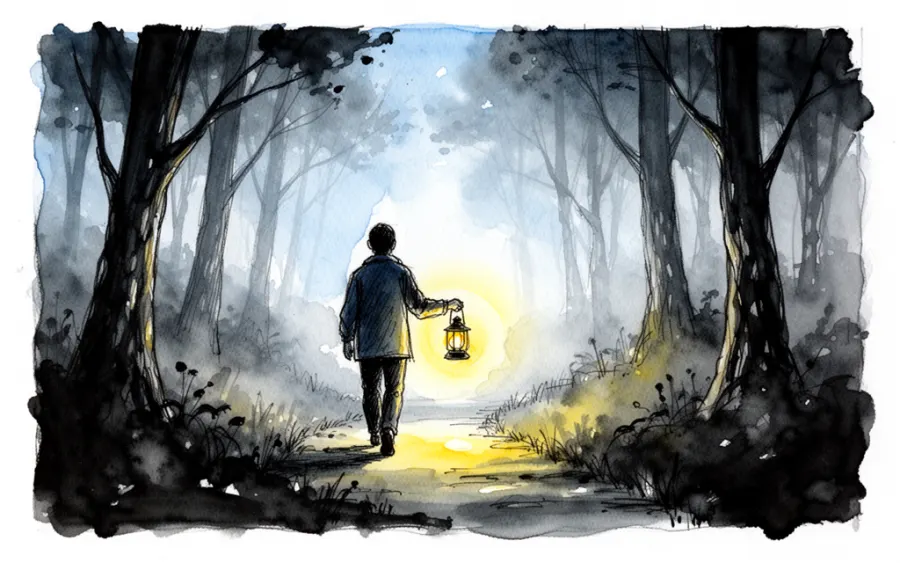 osoba z latarnią idąca przez ciemny las