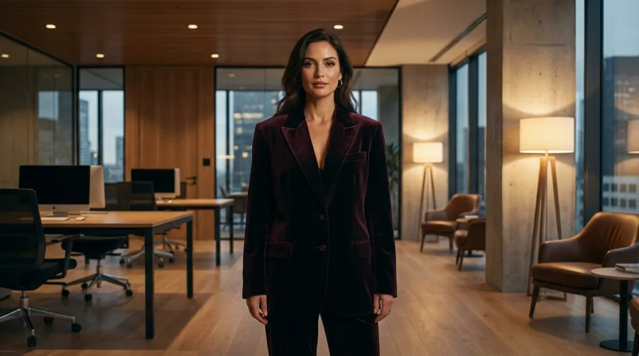 Kobieta w eleganckim welurowym garniturze na firmowym koktajlu