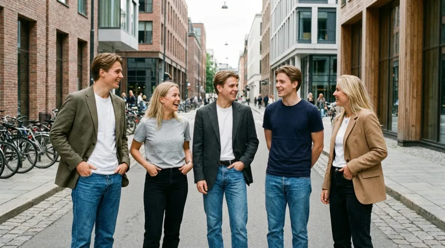 Młodzi ludzie w casualowej skandynawskiej odzieży bazowej