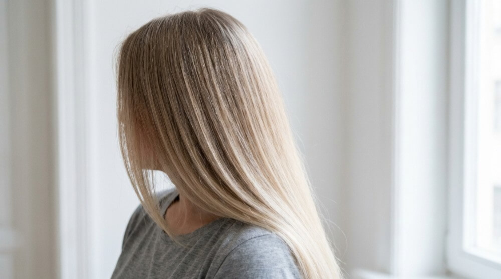 Chłodny blond bez żółtych refleksów po zastosowaniu domowych metod neutralizacji koloru