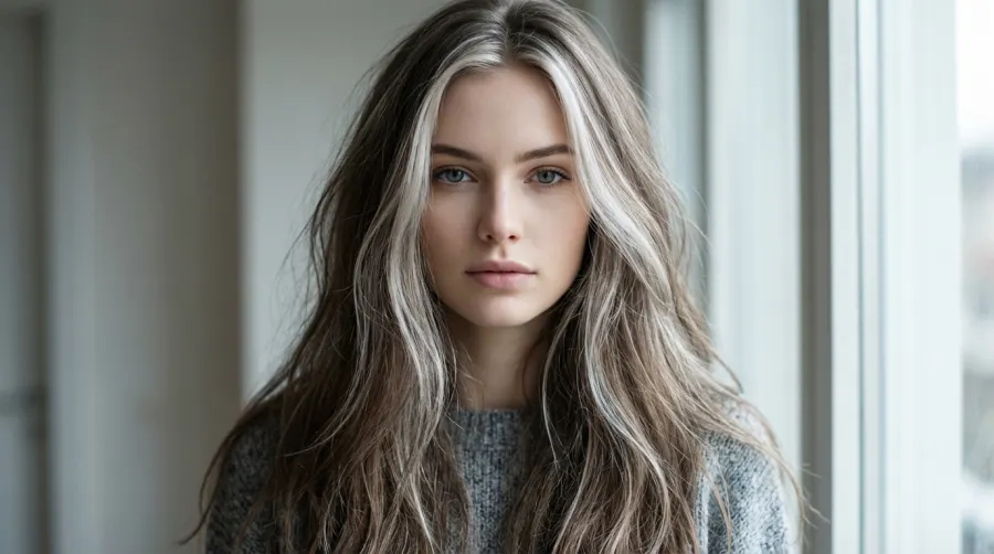Kobieta o chłodnym typie urody z długimi platynowymi pasmami