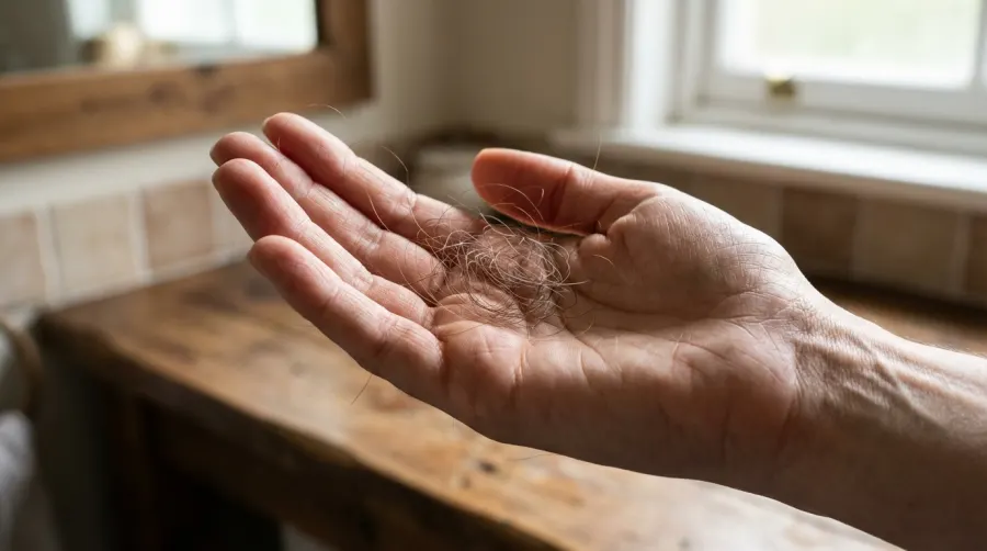 Dłoń trzymająca mały kłębek wypadających włosów w jasnej łazience