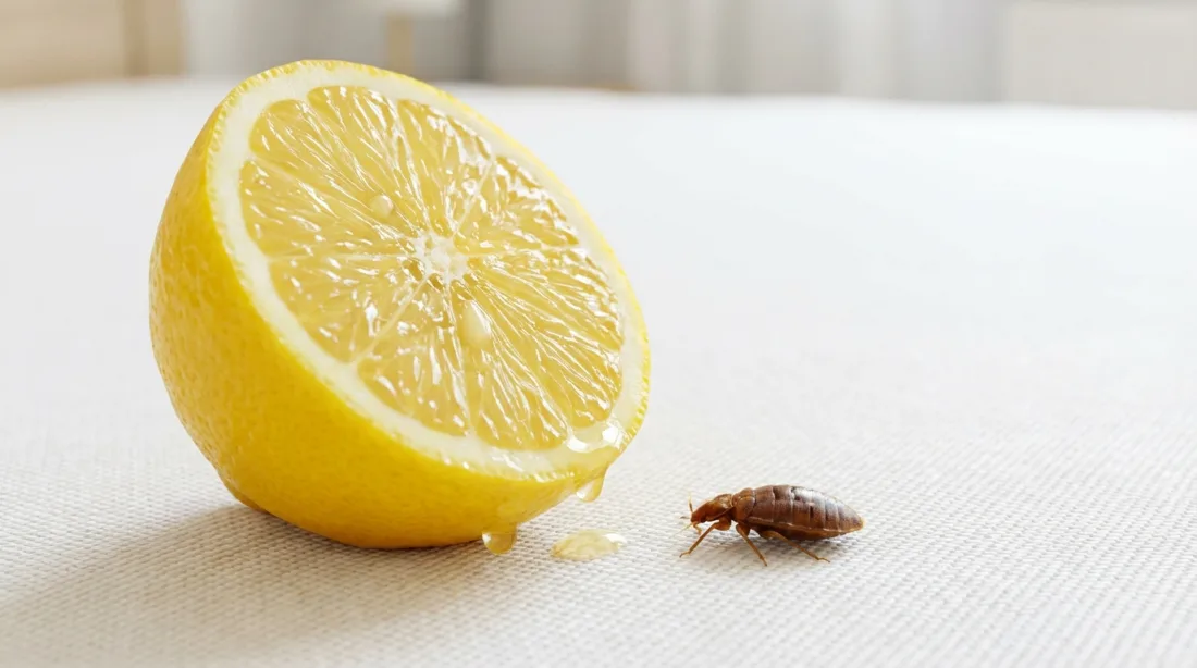 Rozkrojona cytryna leżąca na materacu obok pluskwy domowej