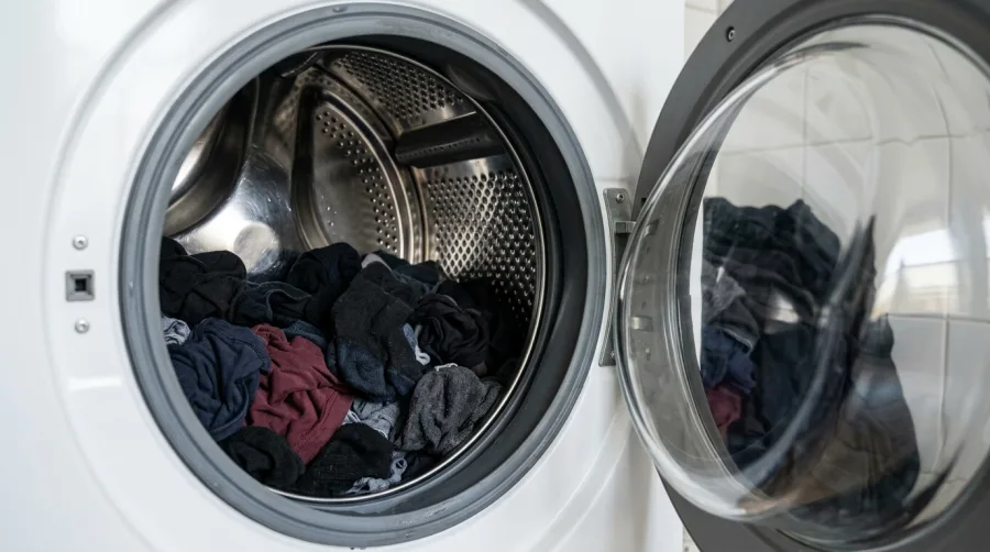 Ciemna odzież ułożona w bębnie pralki automatycznej