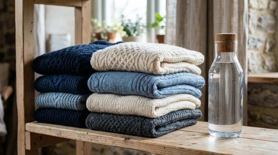 Wełniane swetry obok szklanej butelki z octem