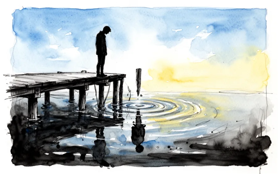 Sylwetka osoby stojącej na molo patrzącej w wodę