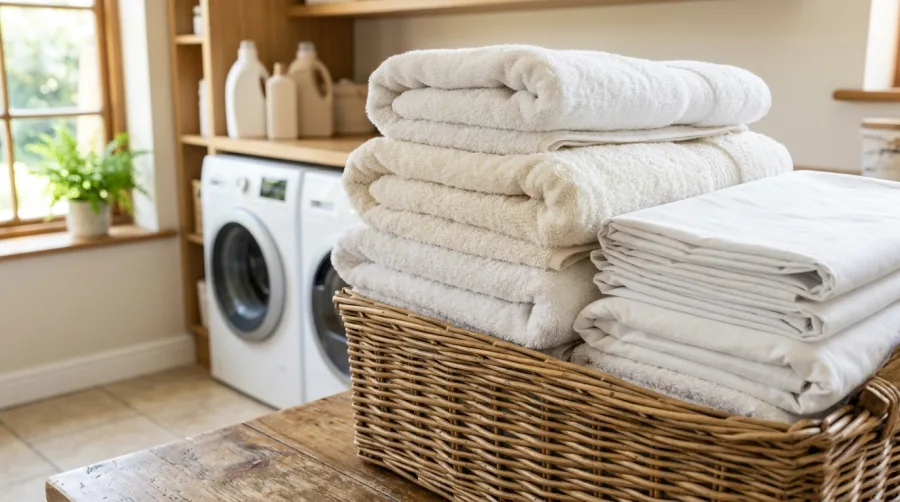 Puszyste jasne ręczniki i czysta pościel z bawełny