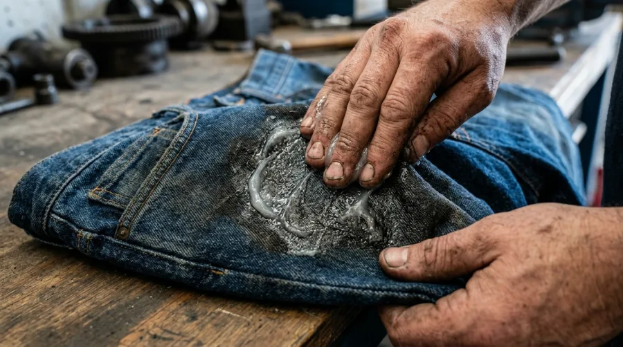 Wcieranie pasty czyszczącej w gruby jeans z plamą smaru