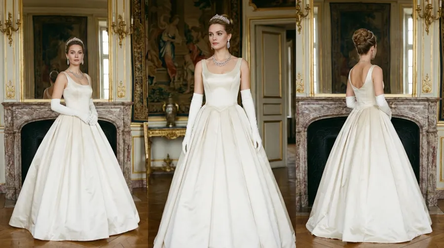 Kobieta w długiej sukni balowej i rękawiczkach operowych