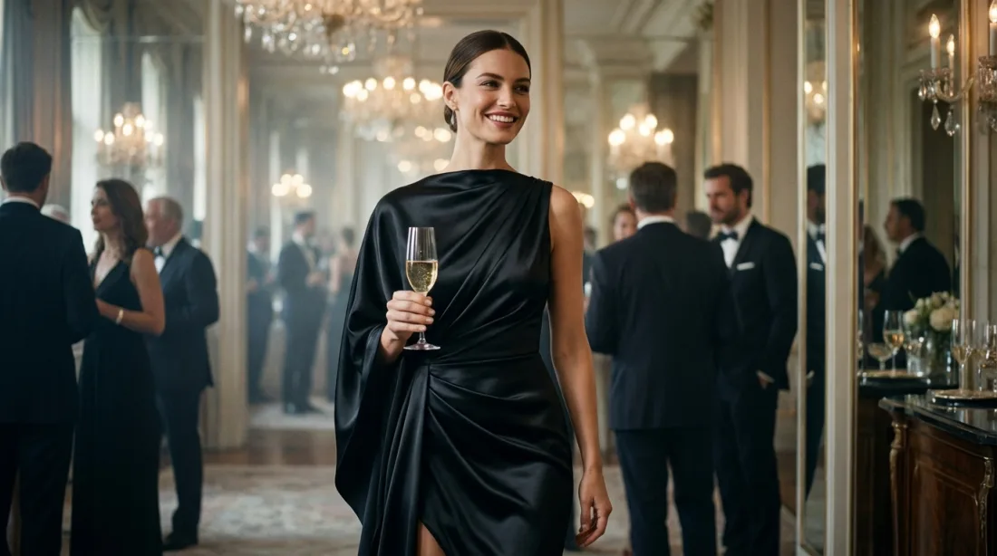 Elegancka kobieta w czarnej sukience na przyjęciu koktajlowym