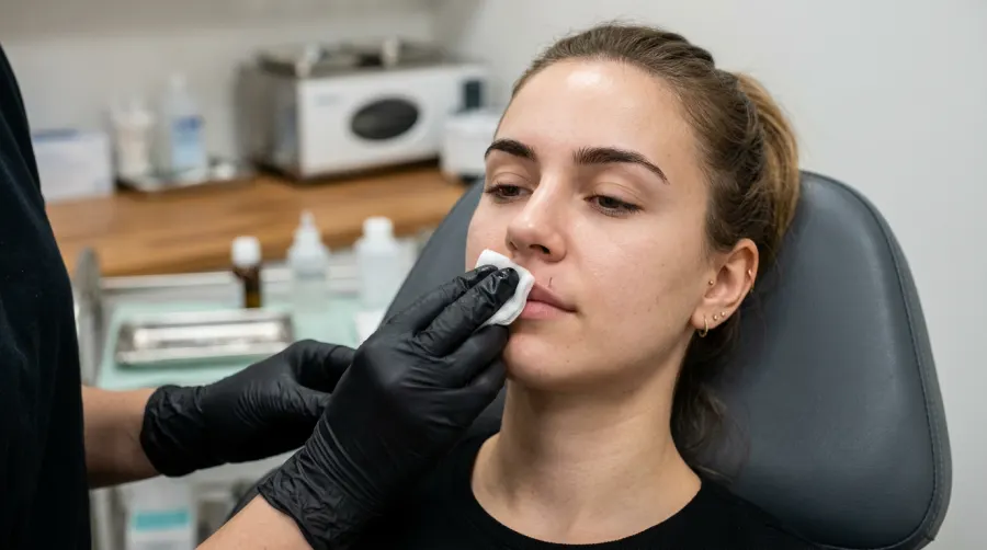 Piercer w rękawiczkach dezynfekujący wargę przed zabiegiem