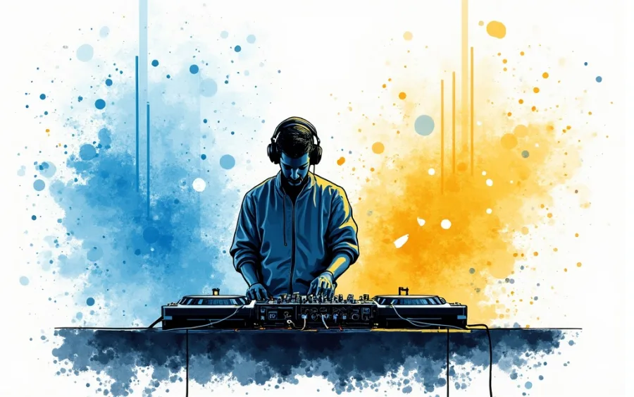 sylwetka DJ-a przy konsoli z falami dźwiękowymi