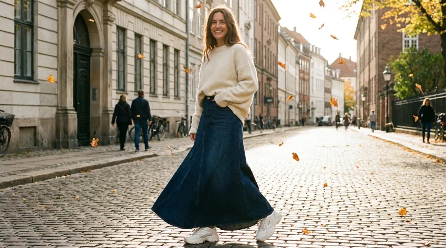 Długa spódnica w codziennej stylizacji z masywnymi sneakersami