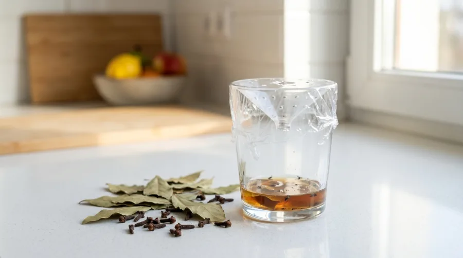 Szklana domowa pułapka na muszki owocówki na blacie