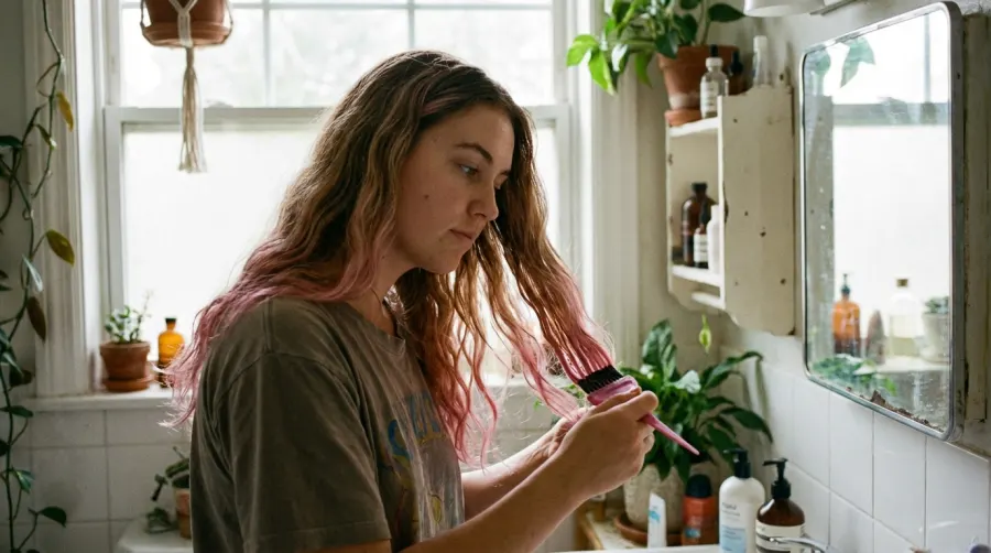 Kobieta nakładająca różową farbę na końcówki włosów w łazience
