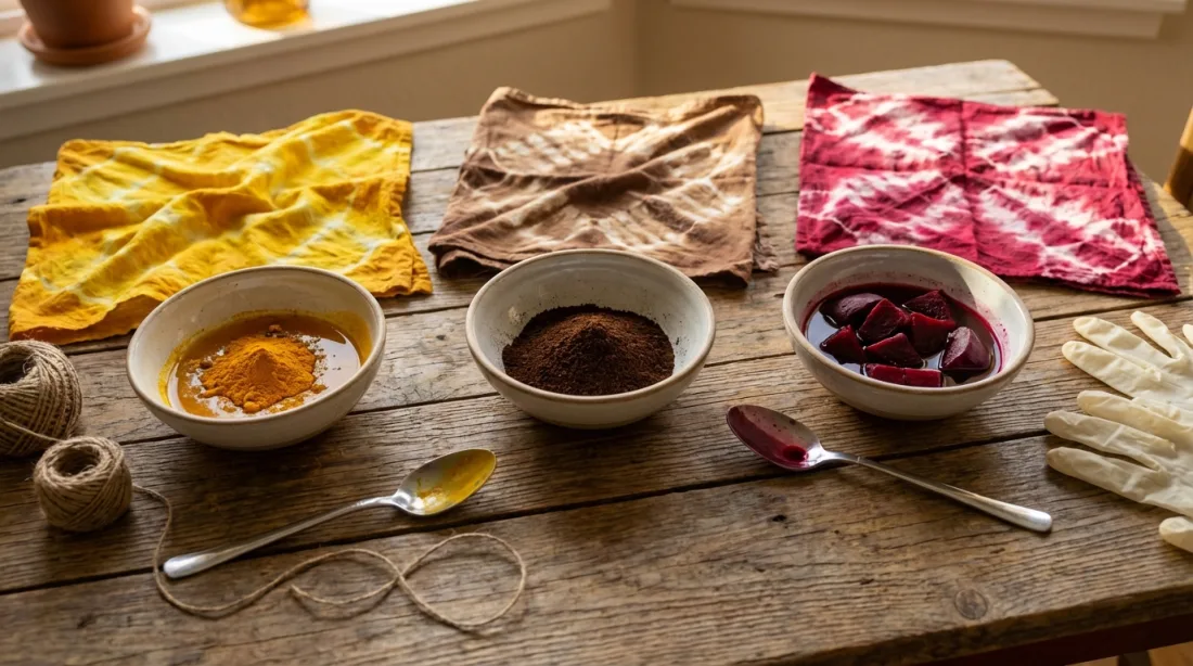 Kolorowe tkaniny i naturalne barwniki na drewnianym stole