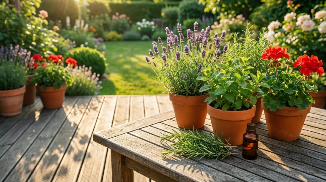 Zioła doniczkowe i olejki na drewnianym stole tarasowym