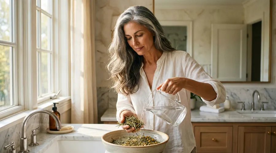 Kobieta przygotowująca domową płukankę na siwe włosy