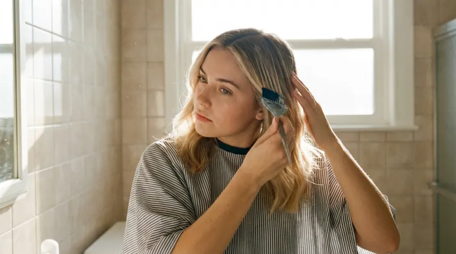 Kobieta nakładająca pędzlem farbę na włosy w domowej łazience