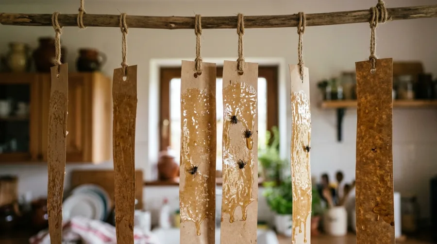 Paski papieru z lepiącym syropem wiszące na sznurku