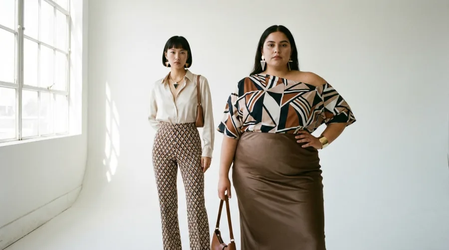 Dwie kobiety w eleganckich ubraniach podkreślających proporcje sylwetki
