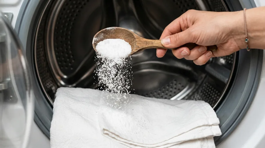 Wsypywanie sody oczyszczonej na materiał w bębnie pralki