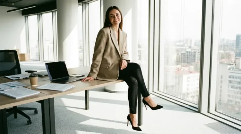 Elegancka kobieta w czarnych legginsach i marynarce w biurze