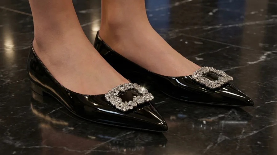 Lakierowane płaskie buty z biżuteryjną klamrą na wieczór