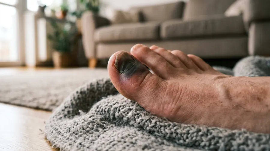 Zasiniony paluch z widocznym krwiakiem pod paznokciem