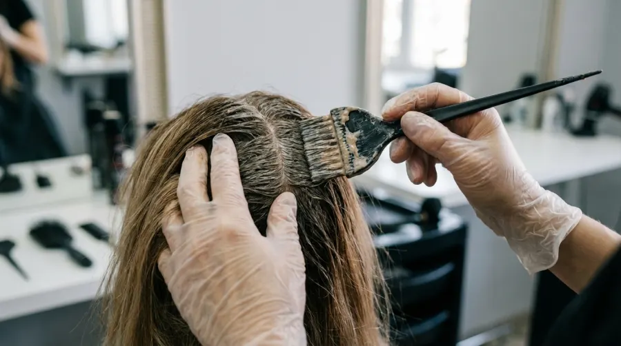 Fryzjer nakładający farbę na odrosty włosów