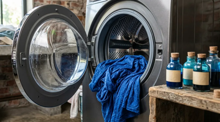 Świeżo zafarbowany materiał w bębnie pralki automatycznej