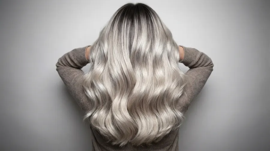 Gęste włosy z platynowymi refleksami wykonane techniką flamboyage