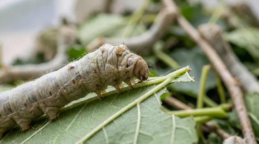 Gąsienica jedwabnika morwowego jedząca zielony liść