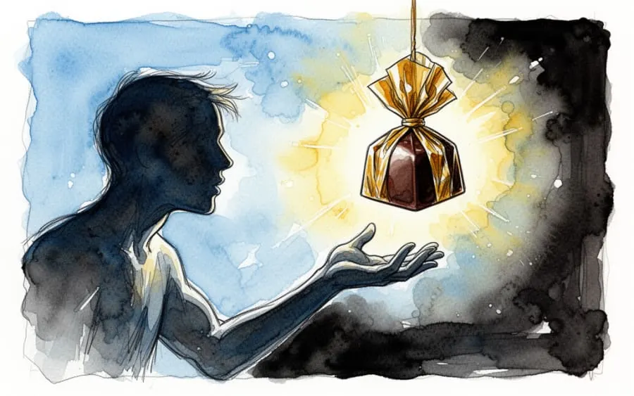 Sylwetka człowieka sięgająca po czekoladkę we śnie