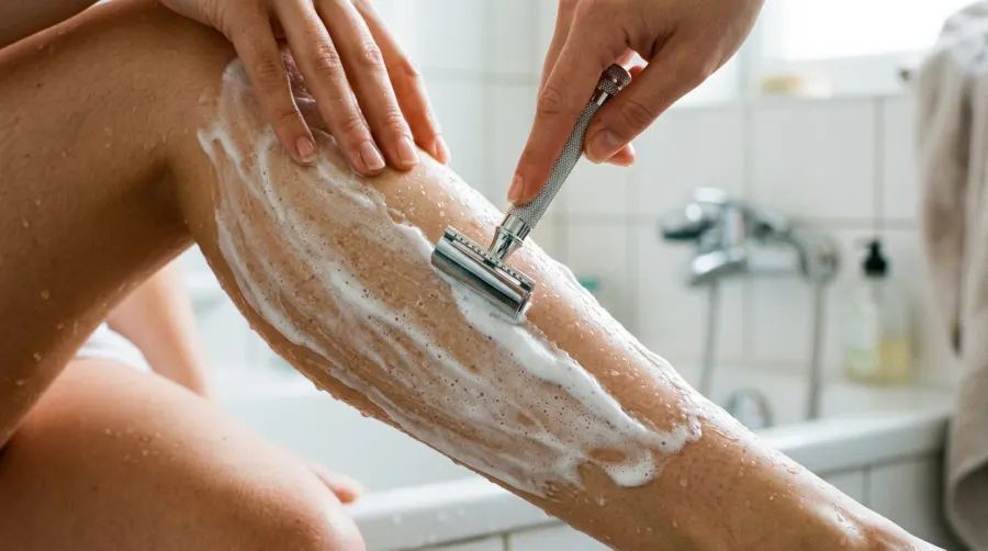 Depilacja nóg tradycyjną maszynką i pianką do golenia