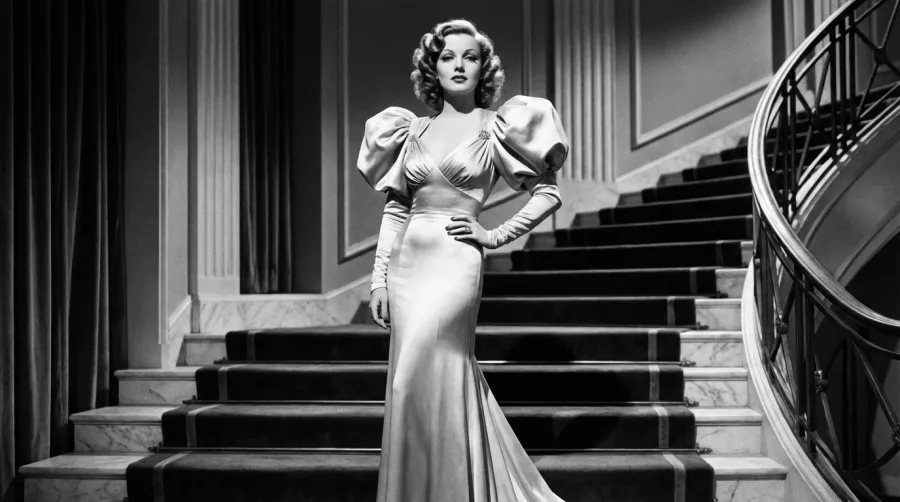 Aktorka w luksusowej sukni z bufiastymi rękawami