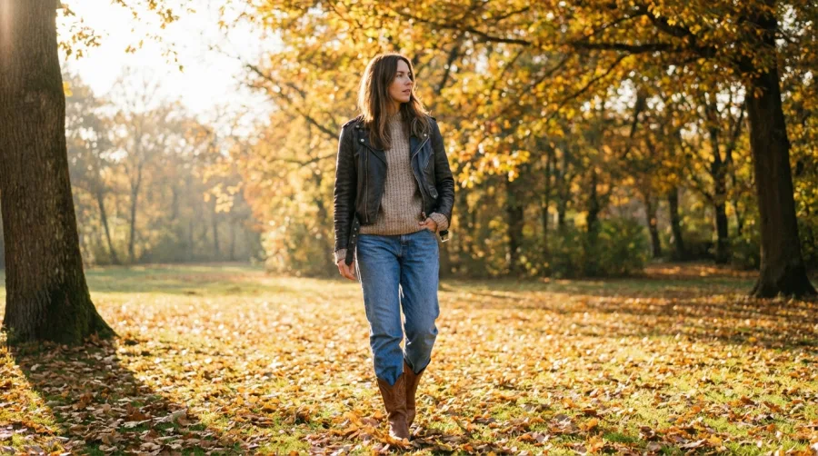 Kobieta w luźnych jeansach i kowbojkach jesienią