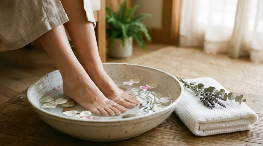 Stopy zanurzone w chłodnej kąpieli wodnej redukującej obrzęki