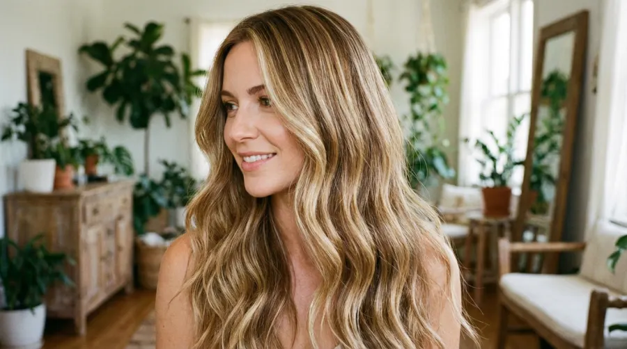 Subtelny karmelowy balejaż blond na długich falowanych włosach