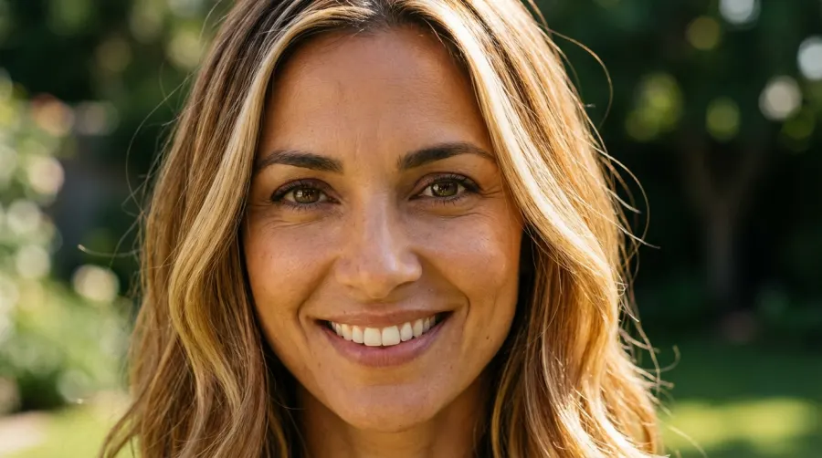 Kobieta o oliwkowej cerze z karmelowym blondem okalającym twarz