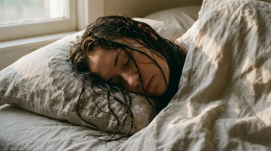 Kobieta śpiąca z mokrymi włosami na białej poduszce